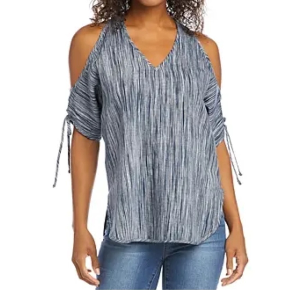 Karen Kane Linen Navy and White Cold Shoulder Tie Sleeve Blouse XS NWT - Picture 6 of 6